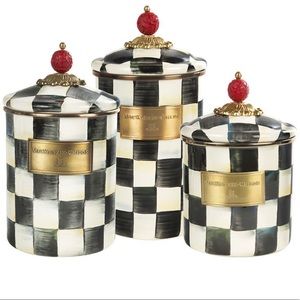 SOLD: Mackenzie Childs Canisters, Courtly Check pattern, set of 3.